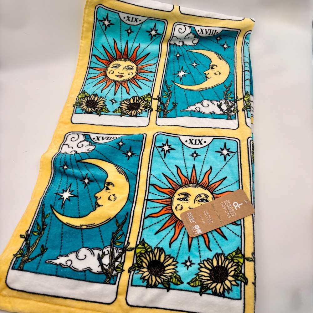 Deborah Connolly Designs Tarot Card Beach Towel Sun Moon Teal Yellow 36x68 NEW